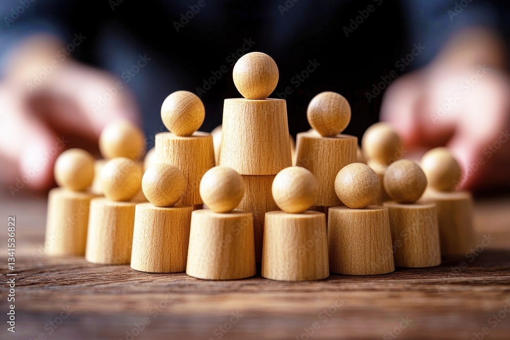 Poster wooden figures arranged in a hierarchical structure on a wooden surface symbolizing teamwork, leader