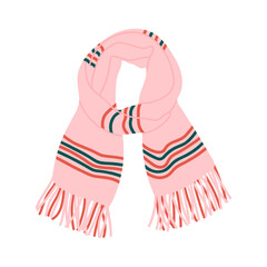 Pink scarf with colorful stripes and fringed ends depicted in a vector illustration. The fabric appears soft and cozy, ideal for winter fashion and seasonal styling concepts.