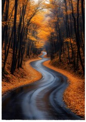 A peaceful road curving gently through a thick forest covered in vibrant fall foliage warm colors