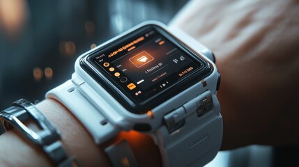 Close-up of a person's wrist wearing a white smartwatch displaying a music player interface.