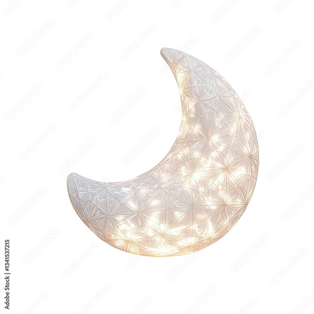 Poster illuminated crescent moon decoration with intricate patterns. isolated on white background