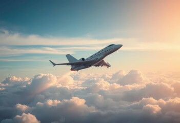 Fototapeta premium A sleek jet ascends through a serene, cloud-filled sky, travel photography, aerial view