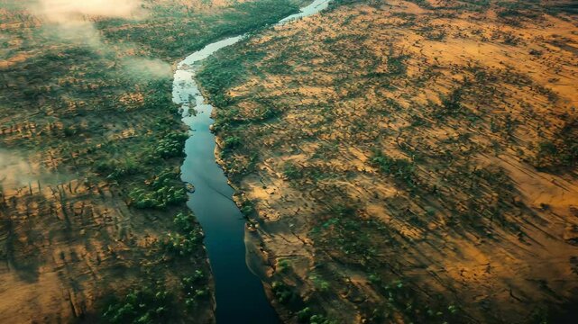 Vast aerial view of the Northern Territory outback showcasing a winding river and rugged landscape at dawn, Australia outback aerial landscape Northern Territory desert