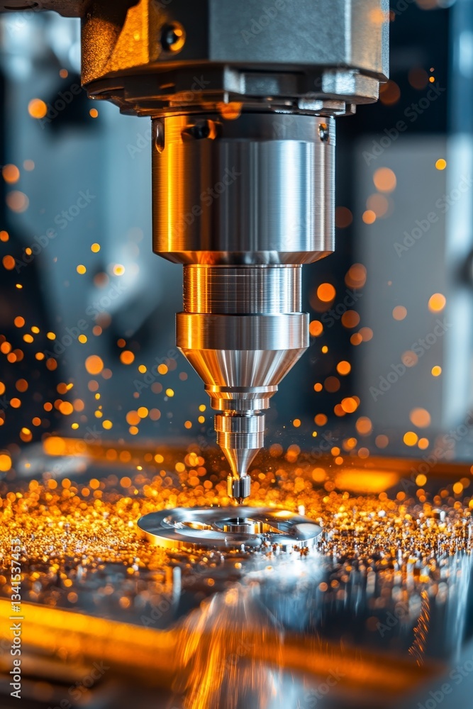 Poster cnc machine precision in action metal part milling with sparks in a bright workshop.