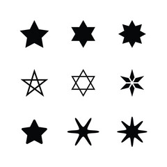 Minimalist silhouette stars icon, twinkle star shape symbols. Modern geometric elements, shining star icons, abstract sparkle black silhouettes symbol vector set