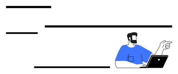 Bearded man in blue shirt using laptop, pointing to a key concept. Ideal for education, teamwork, productivity, planning, presentation, remote work leadership. Flat simple metaphor