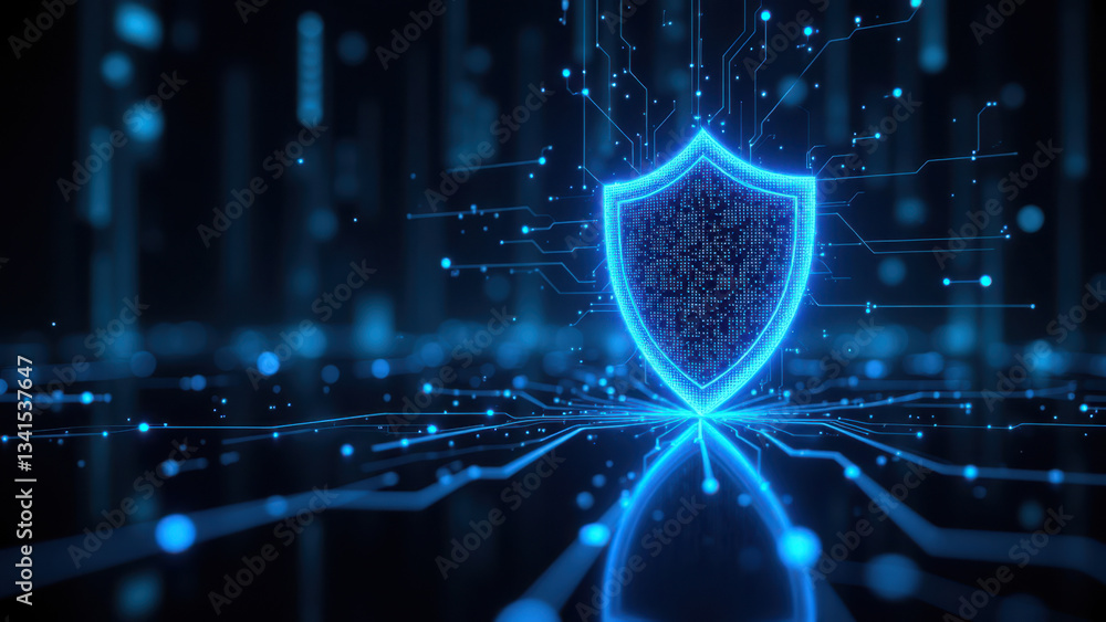 Poster a digital shield icon on a cybernetic blue background with tech elements.