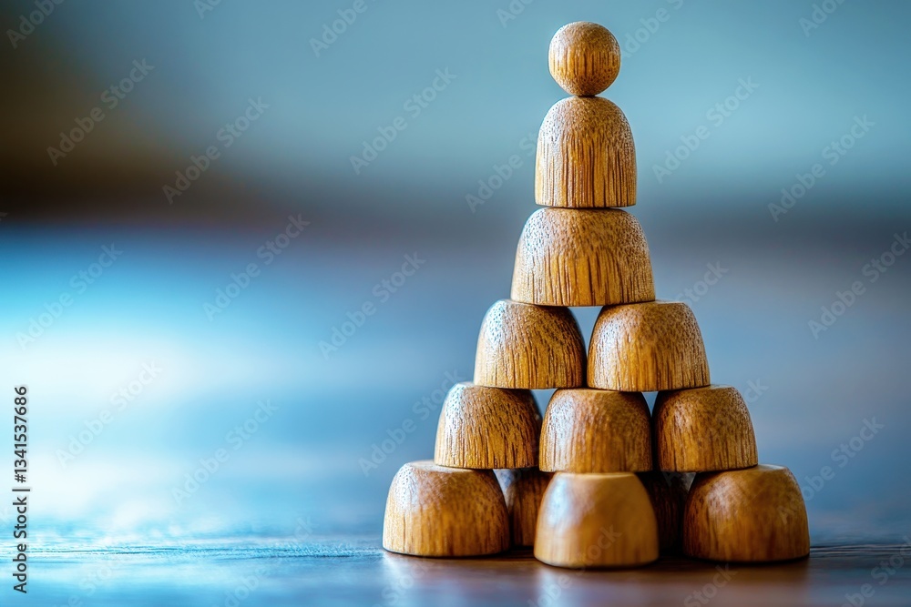 Poster wooden game pieces arranged in a pyramid formation on a soft focus background for creative play and 