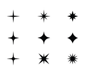 Collection of different vector sparkling stars icon, twinkle and brust, abstract shining flash symbols, glowing light effect, basic shapes geometric graphic elements