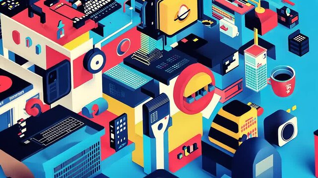 Isometric Tech Collage: A Vibrant Symphony of Gadgets and Devices