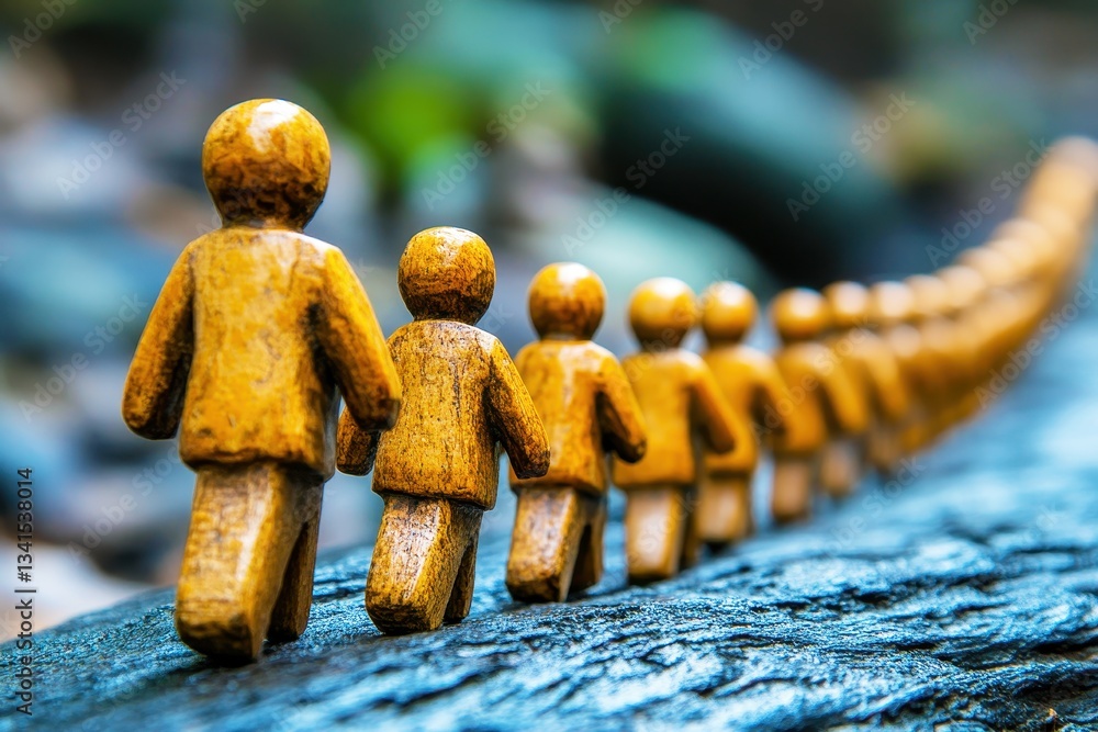Poster wooden figures in a line on a natural background representing unity and growth in a abstract concept