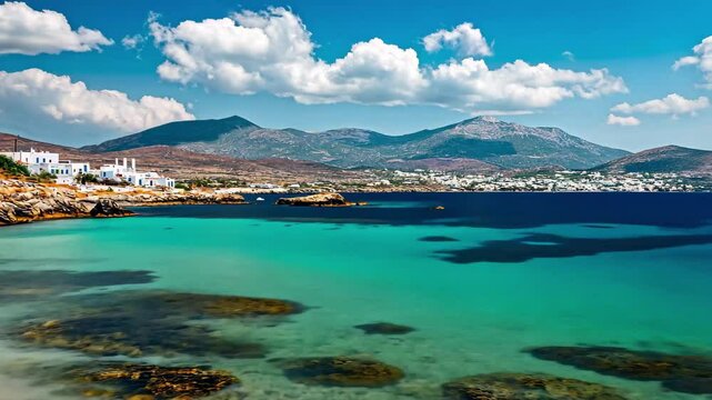 Captivating view of Paros island shores under a bright sky near the Aegean Sea coast, Aegean sea and shore of Paros island in Greece Greek travel destination