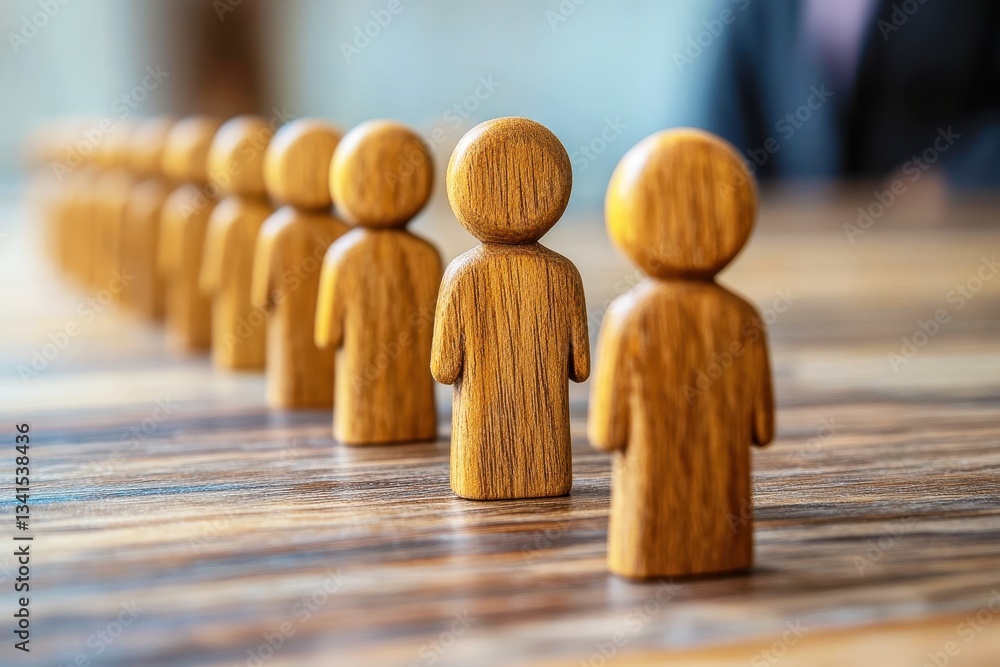 Poster wooden figurines representing teamwork and collaboration on a table surface in a modern office envir