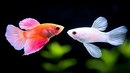 Two Colorful Guppies Swimming in Aquarium