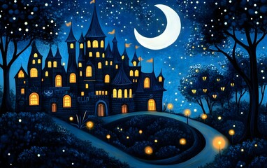 Whimsical fairy tale castle pattern with enchanted forests, glowing lanterns, and hidden magical creatures