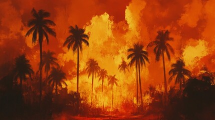 Fiery Sunset Over Silhouetted Palm Trees in a Tropical Fire