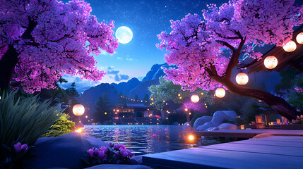 Anime Style Night Scene with Cherry Blossoms and Moonlit Water