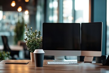 Modern office workspace with dual monitors and a coffee cup and negative space on left