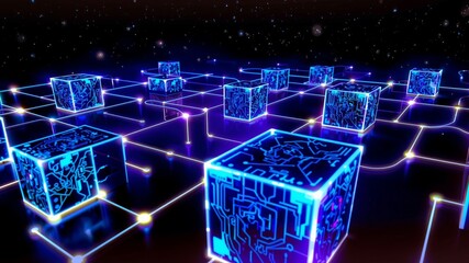 Futuristic Digital Network with Glowing Cybernetic Cubes