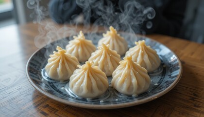 A delicious plate of steaming dumplings arranged artfully, showcasing culinary artistry. Ideal for food-related content, cooking experiences, and restaurant promotions.
