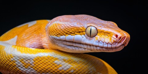 Fototapeta premium Close-up Portrait of a Python Yellow Reptile Beauty Isolated Against Dark Background
