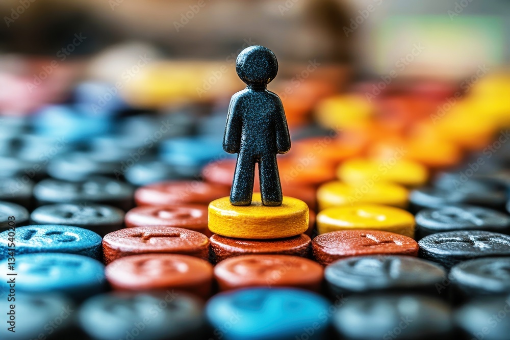 Poster colorful board game tokens with a single black figurine on a yellow token in a fun and playful game 
