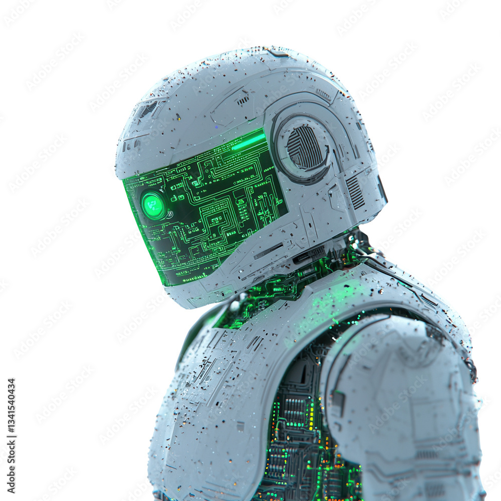 Poster futuristic robot with glowing circuits against a dark background. isolated on white background