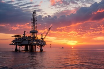 Offshore Oil Rig at Sunset Over the Ocean. High quality photo