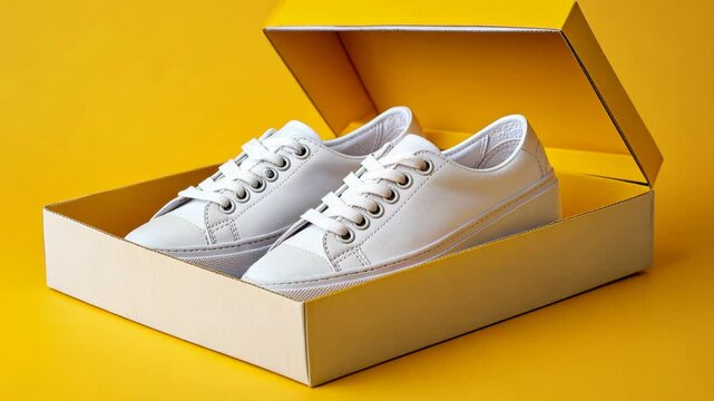 New white canvas shoes presented in a stylish yellow gift box against a bright background