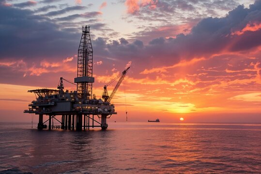 Offshore Oil Rig at Sunset Over the Ocean. High quality photo