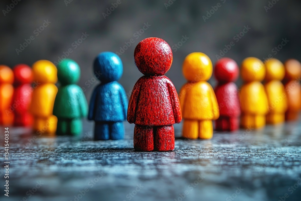 Poster colorful wooden figures representing diversity and community engagement in a collaborative environme
