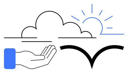 Outstretched hand with cloud, bright sun and flying bird suggesting hope, freedom, nature, growth, support. Ideal for inspiration, mindfulness sustainability giving potential positivity. Flat