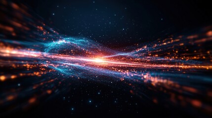 Obraz premium Abstract Digital Art of a Swirling Nebula with Glowing Orange and Blue Particles in a Dark Space Conveying Depth Movement and Cosmic Energy Vibrance