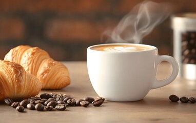 Cozy coffee shop aesthetic with steaming mugs, croissants, and coffee beans arranged artistically