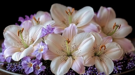 Elegant bouquet of pale pink lilies and purple flowers.