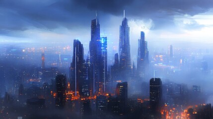 Naklejka premium Futuristic Cityscape at Night Under a Stormy Sky
