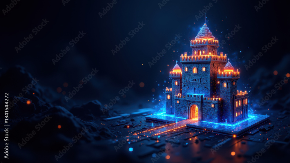 Poster futuristic castle with glowing architecture set against a night sky, symbolizing cybersecurity and a