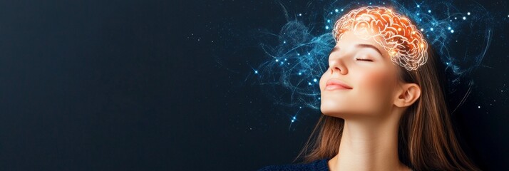 Woman with glowing neural signals surrounding her head illustrating cognitive energy and digital connection in a modern wellness focused environment