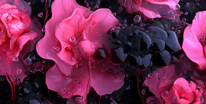 magenta and black background with fluid shapes, pink rose petals.
