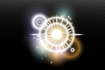 Light flash effect with flares and glow on a transparent background. Magical glow, shining light, star, optical flares for design, photomontage, New Year, and festive projects.