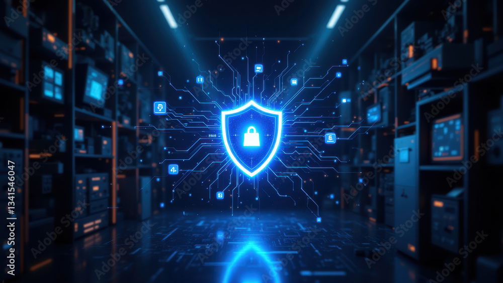 Aufkleber a cyber security image featuring a large glowing lock standing against a background of advanced serv