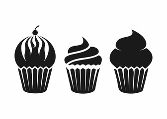 A set of six black silhouette cupcakes, each with a different frosting design.
