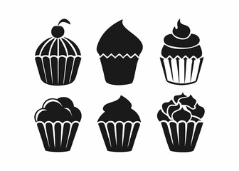 A set of six black silhouette cupcakes, each with a different frosting design.