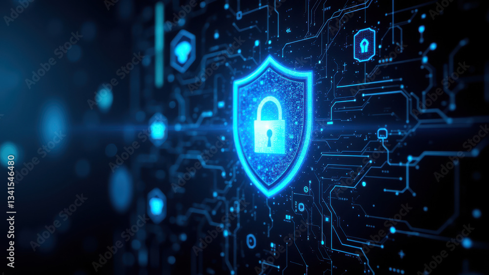 Poster blue glowing lock on a digital network background with cyber security theme.