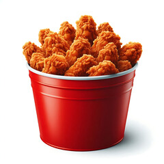 Fried Chicken hot crispy strips crunchy pieces of tenders in a Bucket - large Red box isolated in white background	
