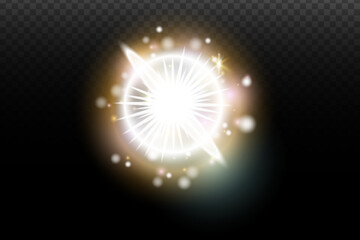 Light flash effect with flares and glow on a transparent background. Magical glow, shining light, star, optical flares for design, photomontage, New Year, and festive projects.