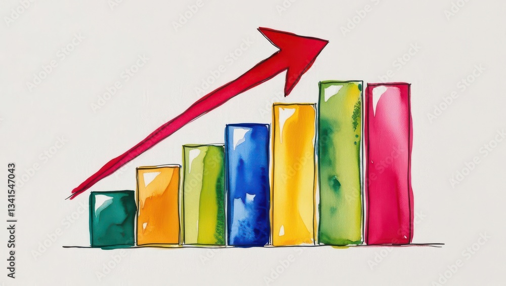 Poster a colorful watercolor bar chart with an upward arrow, symbolizing growth and progress in data or bus