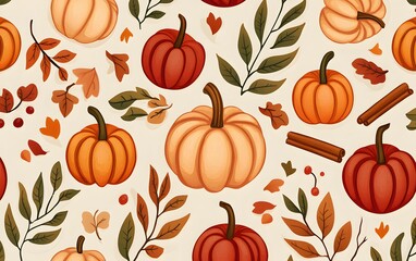 Autumn harvest pattern featuring cozy pumpkins, apples, cinnamon sticks, and warm seasonal colors