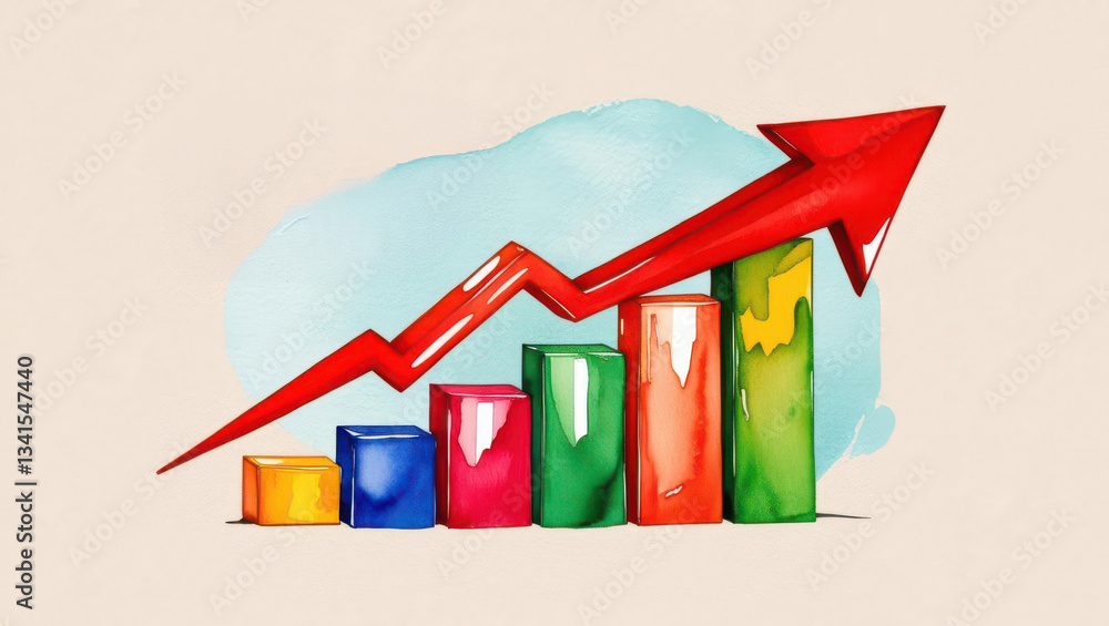 Poster a colorful graph with ascending bars and a bold red arrow, symbolizing growth and progress in data v