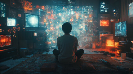 Immersive Digital Art: Experience Futuristic Cyber Aesthetic in a Modern Living Room with Vibrant Colors and Contrasting Screens